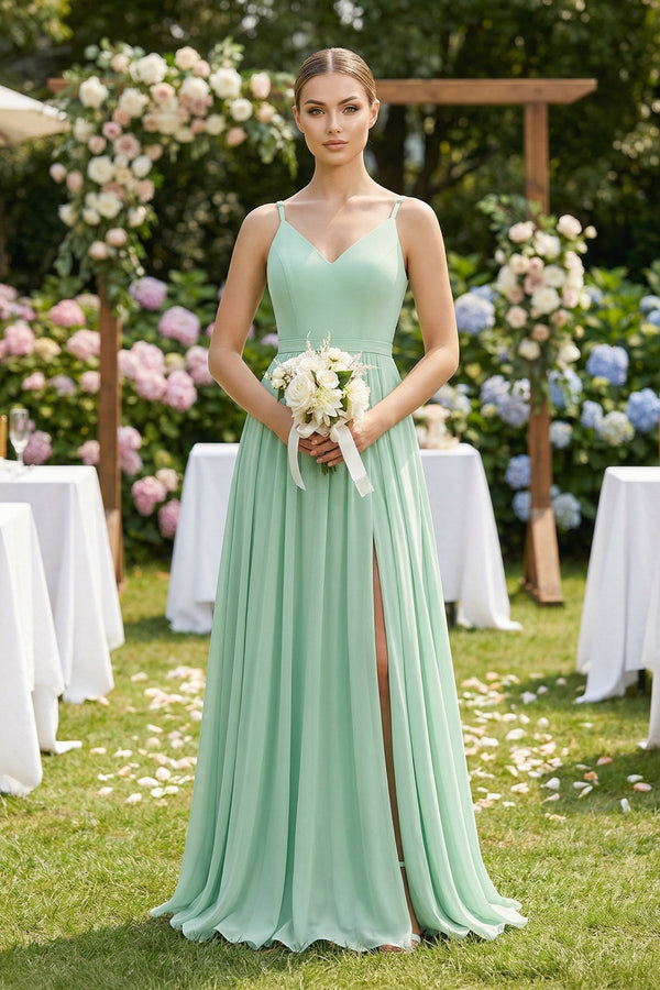 KissProm Ruched A-Line Chiffon Bridesmaid Dress with Slit in Pale Pistachio, Pale Pistachio / 18