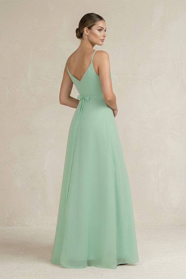 Ruched A-Line Chiffon Bridesmaid Dress with Slit in Pale Pistachio - KissProm BRIDESMAID DRESSES
