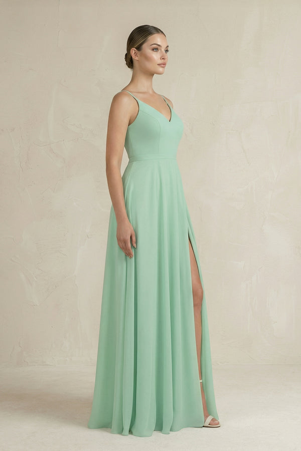 Ruched A-Line Chiffon Bridesmaid Dress with Slit in Pale Pistachio - KissProm BRIDESMAID DRESSES