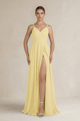 Ruched A - Line Chiffon Bridesmaid Dress with Slit in Pastel Yellow - KissProm Bridesmaid Dresses
