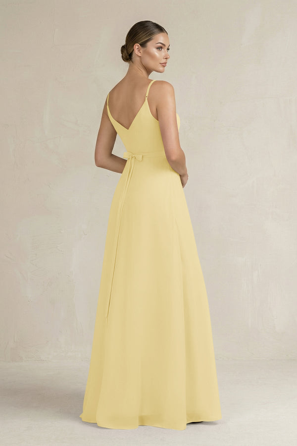 Ruched A - Line Chiffon Bridesmaid Dress with Slit in Pastel Yellow - KissProm Bridesmaid Dresses