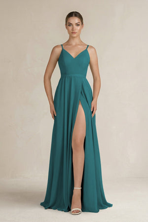 Ruched A - Line Chiffon Bridesmaid Dress with Slit in Pine - KissProm Bridesmaid Dresses