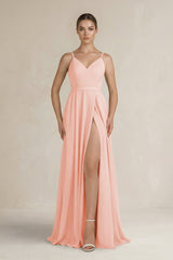 Ruched A - Line Chiffon Bridesmaid Dress with Slit in Rose Petal - KissProm Bridesmaid Dresses