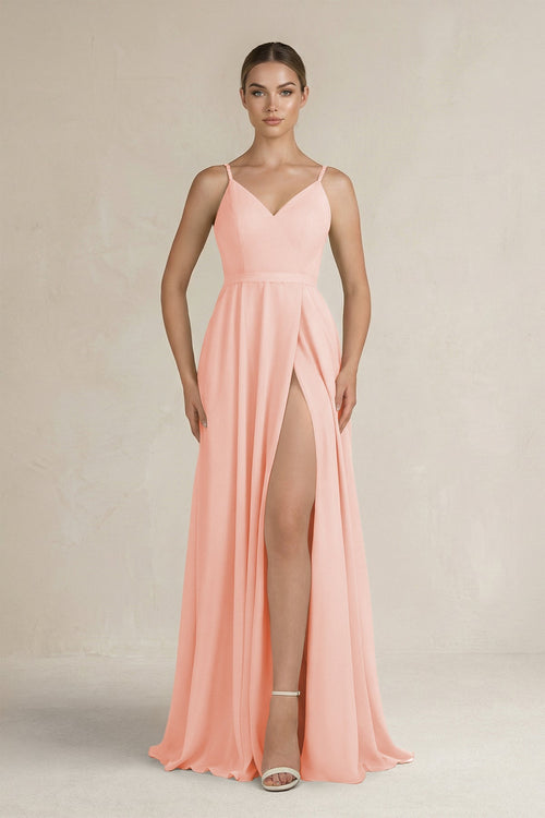Ruched A - Line Chiffon Bridesmaid Dress with Slit in Rose Petal - KissProm Bridesmaid Dresses