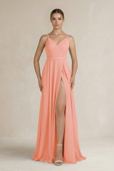 Ruched A - Line Chiffon Bridesmaid Dress with Slit in Rosette - KissProm Bridesmaid Dresses