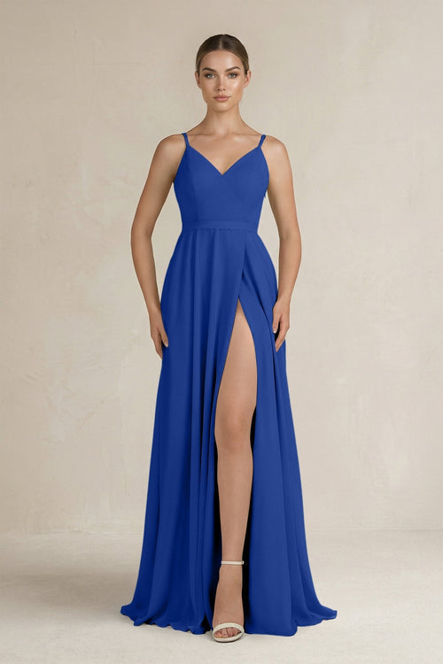 Ruched A - Line Chiffon Bridesmaid Dress with Slit in Royal Blue - KissProm Bridesmaid Dresses