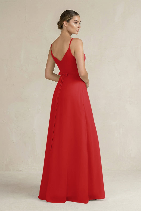 Ruched A - Line Chiffon Bridesmaid Dress with Slit in Ruby Red - KissProm Bridesmaid Dresses