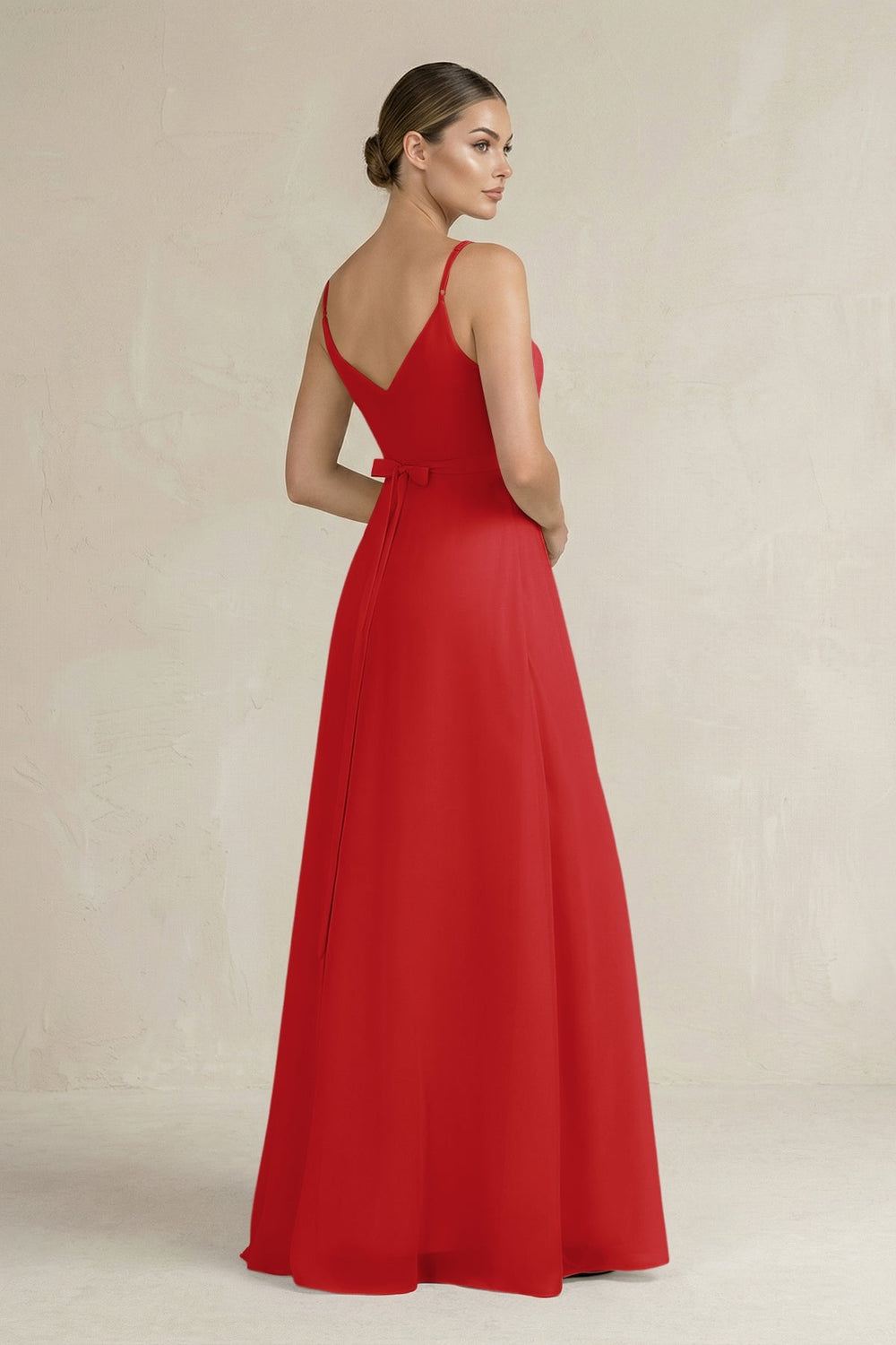 Ruched A - Line Chiffon Bridesmaid Dress with Slit in Ruby Red - KissProm Bridesmaid Dresses