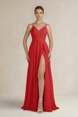 Ruched A - Line Chiffon Bridesmaid Dress with Slit in Ruby Red - KissProm Bridesmaid Dresses