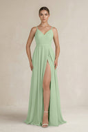 Ruched A - Line Chiffon Bridesmaid Dress with Slit in Sage - KissProm Bridesmaid Dresses
