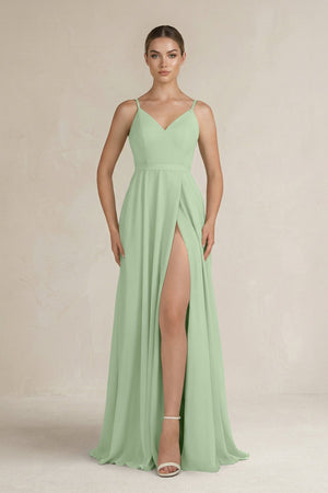 Ruched A - Line Chiffon Bridesmaid Dress with Slit in Sage - KissProm Bridesmaid Dresses