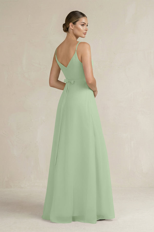 Ruched A - Line Chiffon Bridesmaid Dress with Slit in Sage - KissProm Bridesmaid Dresses