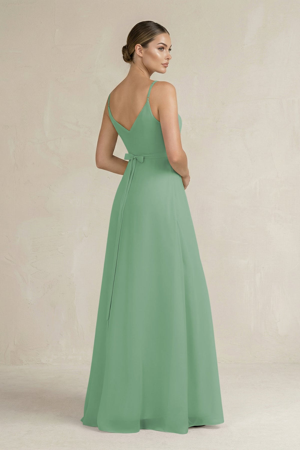 Ruched A - Line Chiffon Bridesmaid Dress with Slit in Sea Glass - KissProm Bridesmaid Dresses