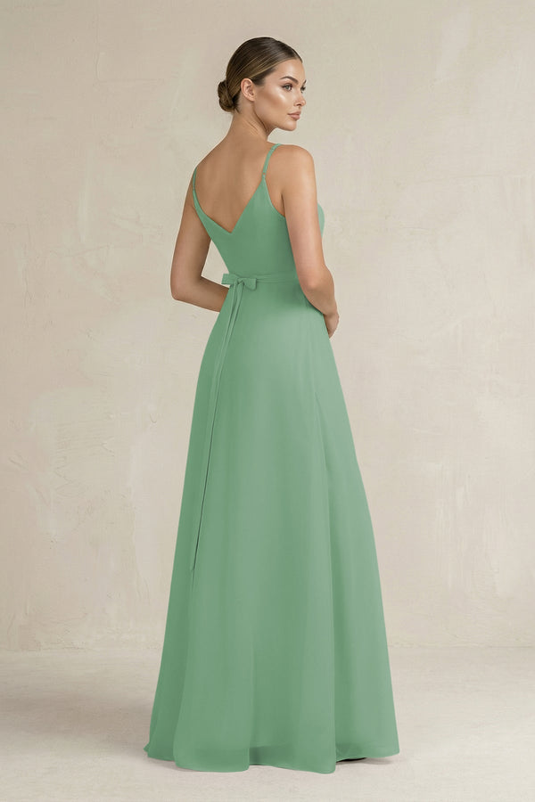 Ruched A - Line Chiffon Bridesmaid Dress with Slit in Sea Glass - KissProm Bridesmaid Dresses
