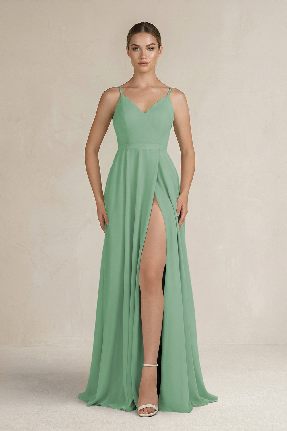 Ruched A - Line Chiffon Bridesmaid Dress with Slit in Sea Glass - KissProm Bridesmaid Dresses