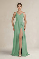 Ruched A - Line Chiffon Bridesmaid Dress with Slit in Sea Glass - KissProm Bridesmaid Dresses