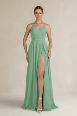 Ruched A - Line Chiffon Bridesmaid Dress with Slit in Sea Glass - KissProm Bridesmaid Dresses