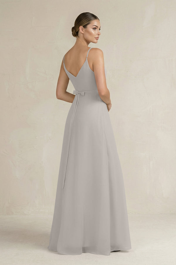 Ruched A - Line Chiffon Bridesmaid Dress with Slit in Silver - KissProm Bridesmaid Dresses