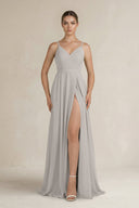 Ruched A - Line Chiffon Bridesmaid Dress with Slit in Silver - KissProm Bridesmaid Dresses