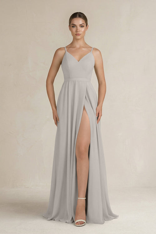Ruched A - Line Chiffon Bridesmaid Dress with Slit in Silver - KissProm Bridesmaid Dresses