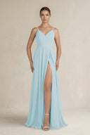 Ruched A - Line Chiffon Bridesmaid Dress with Slit in Sky Blue - KissProm Bridesmaid Dresses