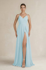 Ruched A - Line Chiffon Bridesmaid Dress with Slit in Sky Blue - KissProm Bridesmaid Dresses