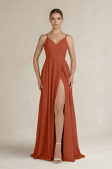 Ruched A - Line Chiffon Bridesmaid Dress with Slit in Spice - KissProm Bridesmaid Dresses