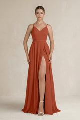 Ruched A - Line Chiffon Bridesmaid Dress with Slit in Spice - KissProm Bridesmaid Dresses
