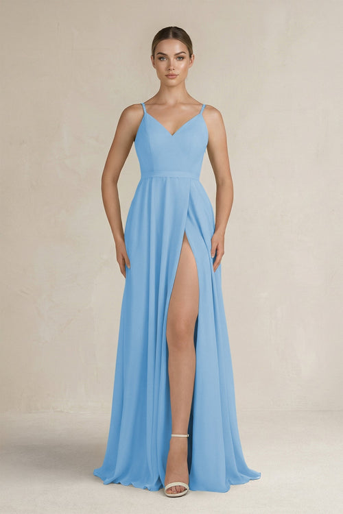 Ruched A - Line Chiffon Bridesmaid Dress with Slit in Steel Blue - KissProm Bridesmaid Dresses
