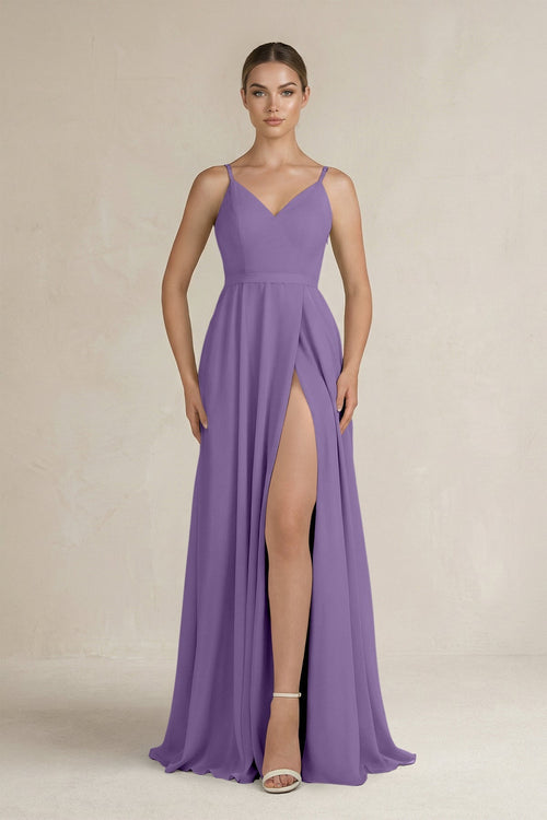 Ruched A - Line Chiffon Bridesmaid Dress with Slit in Tahiti - KissProm Bridesmaid Dresses