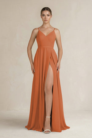 Ruched A - Line Chiffon Bridesmaid Dress with Slit in Terracotta - KissProm Bridesmaid Dresses