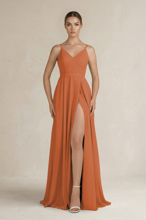 Ruched A - Line Chiffon Bridesmaid Dress with Slit in Terracotta - KissProm Bridesmaid Dresses