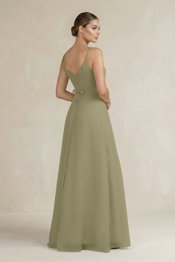 Ruched A - Line Chiffon Bridesmaid Dress with Slit in Thyme - KissProm Bridesmaid Dresses