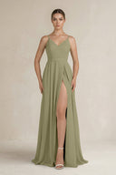 Ruched A - Line Chiffon Bridesmaid Dress with Slit in Thyme - KissProm Bridesmaid Dresses