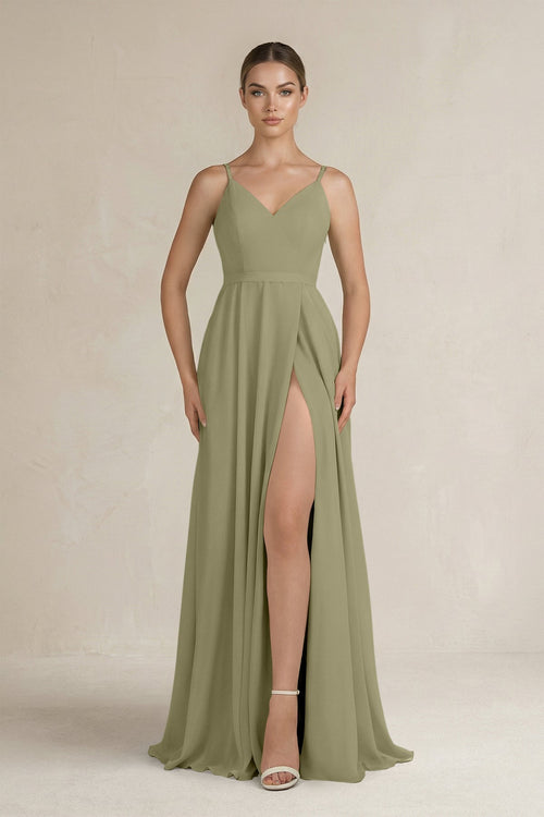 Ruched A - Line Chiffon Bridesmaid Dress with Slit in Thyme - KissProm Bridesmaid Dresses