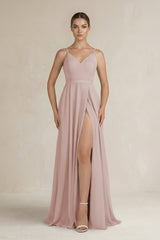 Ruched A - Line Chiffon Bridesmaid Dress with Slit in Toffee - KissProm Bridesmaid Dresses