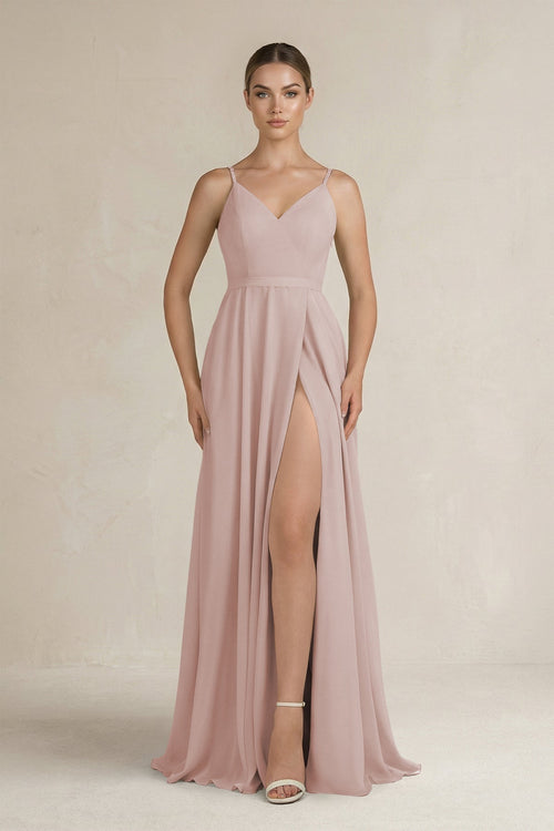 Ruched A - Line Chiffon Bridesmaid Dress with Slit in Toffee - KissProm Bridesmaid Dresses