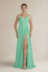 Ruched A - Line Chiffon Bridesmaid Dress with Slit in Turquoise - KissProm Bridesmaid Dresses