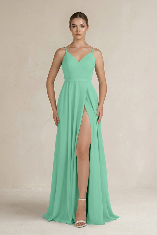 Ruched A - Line Chiffon Bridesmaid Dress with Slit in Turquoise - KissProm Bridesmaid Dresses