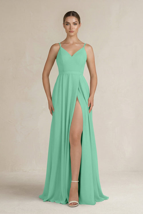 Ruched A - Line Chiffon Bridesmaid Dress with Slit in Turquoise - KissProm Bridesmaid Dresses