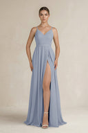Ruched A - Line Chiffon Bridesmaid Dress with Slit in Twilight - KissProm Bridesmaid Dresses