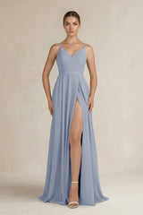 Ruched A - Line Chiffon Bridesmaid Dress with Slit in Twilight - KissProm Bridesmaid Dresses