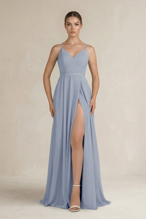 Ruched A - Line Chiffon Bridesmaid Dress with Slit in Twilight - KissProm Bridesmaid Dresses