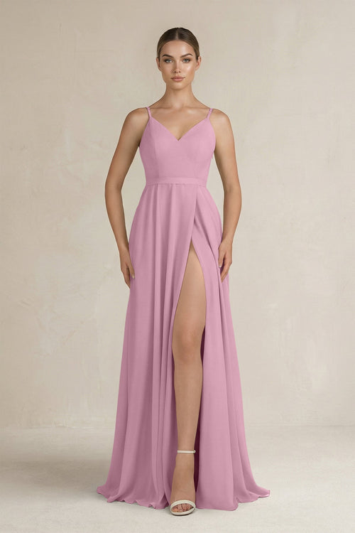 Ruched A - Line Chiffon Bridesmaid Dress with Slit in Vintage Mauve - KissProm Bridesmaid Dresses