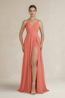 Ruched A - Line Chiffon Bridesmaid Dress with Slit in Wild Rose - KissProm Bridesmaid Dresses