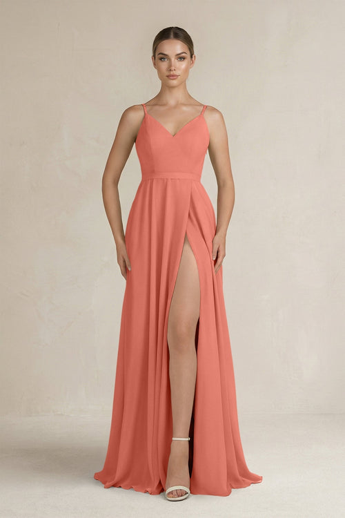 Ruched A - Line Chiffon Bridesmaid Dress with Slit in Wild Rose - KissProm Bridesmaid Dresses