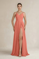 Ruched A - Line Chiffon Bridesmaid Dress with Slit in Wild Rose - KissProm Bridesmaid Dresses