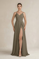 Ruched A - Line Chiffon Bridesmaid Dress with Slit in Willow Green - KissProm Bridesmaid Dresses