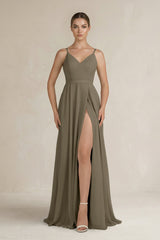 Ruched A - Line Chiffon Bridesmaid Dress with Slit in Willow Green - KissProm Bridesmaid Dresses
