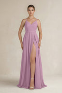 Ruched A - Line Chiffon Bridesmaid Dress with Slit in Wisteria - KissProm Bridesmaid Dresses